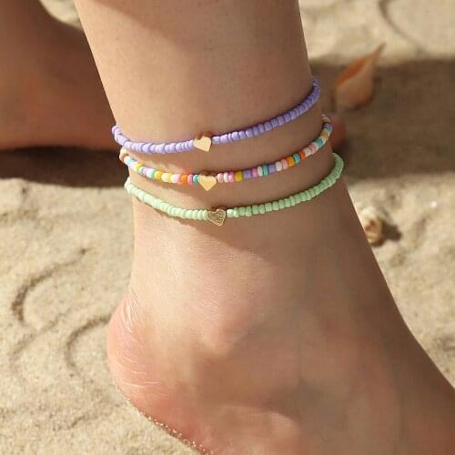 3PCS Women Anklet Heat Charm Decorative Colorful Beaded Anklet Summer Beach Anklet Bohemia Foot Anklet Foot Chain