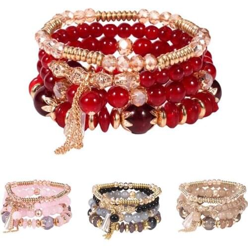 4Pcs/Set Boho Faux Pearl Tassel Chain Charm Beaded Bracelet Women Jewelry