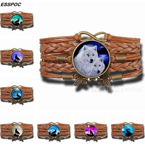 Wolf Bracelet Howling Wolf Glass Dome Brown Multi-layer Leather Charm Bracelet Women Fashion Accessories Wolf Lovers Gift