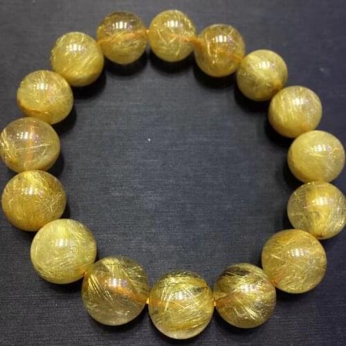 Brazil Natural Gold Rutilated Quartz Bracelet 13mm Clear Round Beads Women Men Fashion Big Size Bead Wealthy Stone AAAAAAA