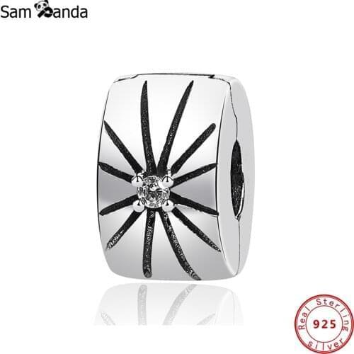 New 100% 925 Sterling Silver Charm Bead Dazzling CZ Clip Charms Stopper Fit Original Bracelets Women Diy Jewelry