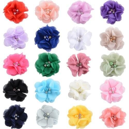 Whole Pearl Rhinestone Chiffon Lace Flower Patch Korean Chiffon Accessories Jewelry Flower Wedding Handmade Flowers Applique