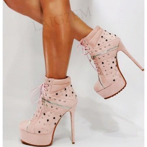 DOBANER Women Ankle Platform Boots Handmade Studded Booties Lace Up Faux Suede Bottes Shoes Woman Plus Size 43 44 46 47 50 52