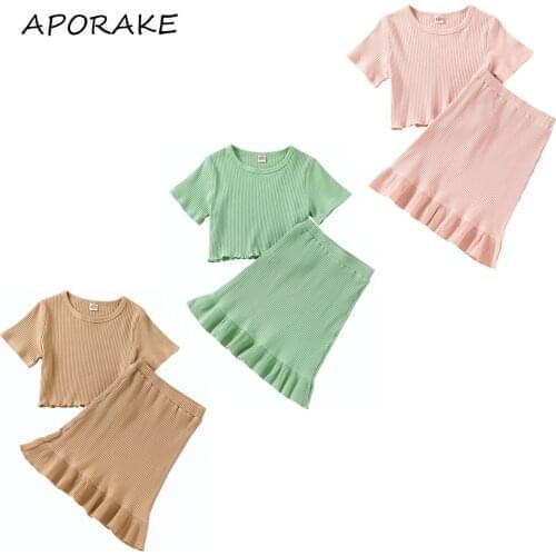 2021 2-7Y Casual Kids Baby Girl Clothing Set Solid Colors Short Sleeve T-shirt+Ruffle A-line Long Skirts Knitted 2pcs For Summer