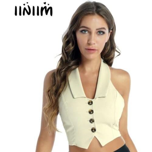 Sexy Women Exotic Tanks Sleeveless Single Breasted Suit Vest Office Ladies Wear Casual Coat Tops Summer Lapel Cropped Waistcoat
