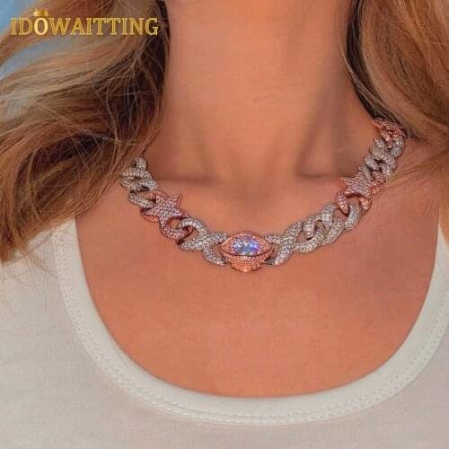 Fashion Two Tone Rose Silver Color Star Eye Pendant With 15mm Infinity Cuban Chain Iced Out Bling 5A CZ HipHop Necklaces Jewelry