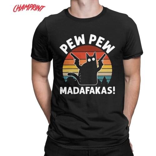 Men Vintage Retro Black Cat Pew Pew Madafakas T Shirt Pure Cotton Clothes Funny Short Sleeve Tee Shirt Gift Idea T-Shirts