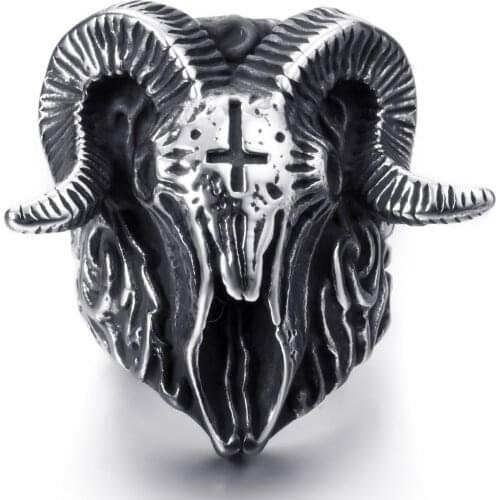 Unique Gothic Satanic Baphomet Demon Sorath Skull Ring Men 316L Stainless Steel inverted cross Biker Ring Jewelry Gift