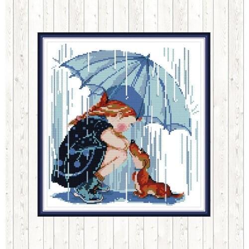 Girls and Dog In The Rain Canvas Cross Stitch Kits Wall Home Decor Counted 14ct 11CT Cross Stitch DIY Embroidery Needlework Sets