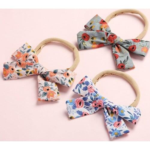 Baby Girls Headband Floral Printing Children Hair Bows Accessories Cotton Linen Infant Thin Nylon Hairbands Toddler Turban