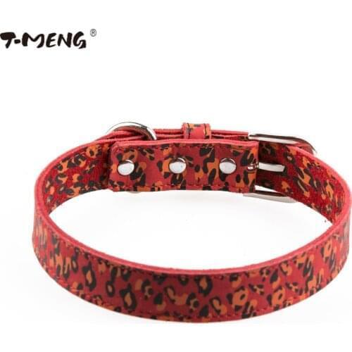 T-MENG Genuine Leather Dog Collar For Puppy Small Pets Leopard Pattern Pet Collars Fashion Cat Necklace Good For Pet Products