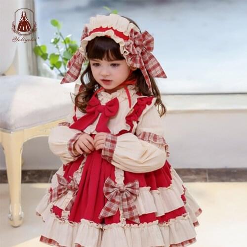 Yoliyolei Lolita Girl Casual Dress With Bow Long Sleeves Retro Dresses Kids Birthday Easter Holidays Autumn and Winter Clothing