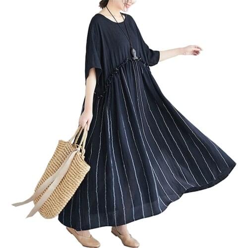 Plus size 5XL Summer Women Cotton Linen Dress Short sleeve O-neck Stripe Loose A-line Maternity Dresses Oversize Long Dress G857