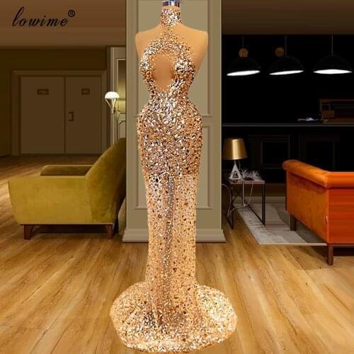 Champagne Crystals Celebrity Dresses 2020 Illusion Arabic Red Carpet Pageant Dresses Women Party Night High Neck Evening Gowns