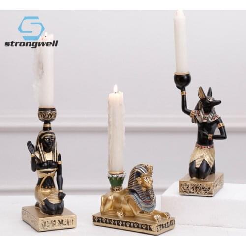 Strongwell Ancient Egyptian Anubis God Cat Sphinx Candle Holder Home Decor Candlestick Atmosphere Ornaments Resin Figurines