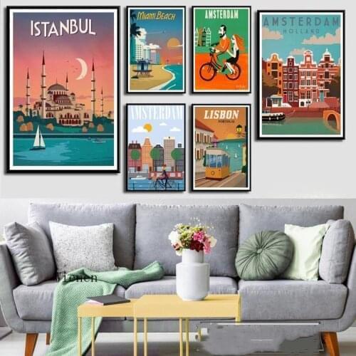 Travel Souvenirs Cartoon Travel City Landscape Poster Amsterdam Netherlands Miami Wall Art Canvas Painting Picture Home Decor