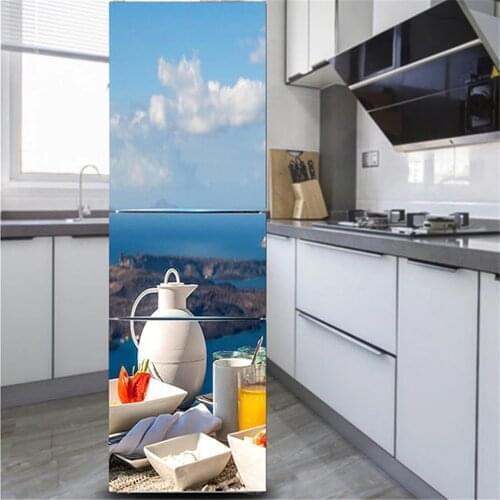 3D Self Adhesive Fridge Door Cover Wallpaper Fridge Wrap Sticker Food Fruit Freezer Door Full Stickers Decals Family Breakfast