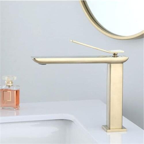 Basin Faucet Solid Brass Bathroom Sink Mixer Tap Hot & Cold Deck Mounted Single Handle Brushed Gold Lavatory Crane Vessel