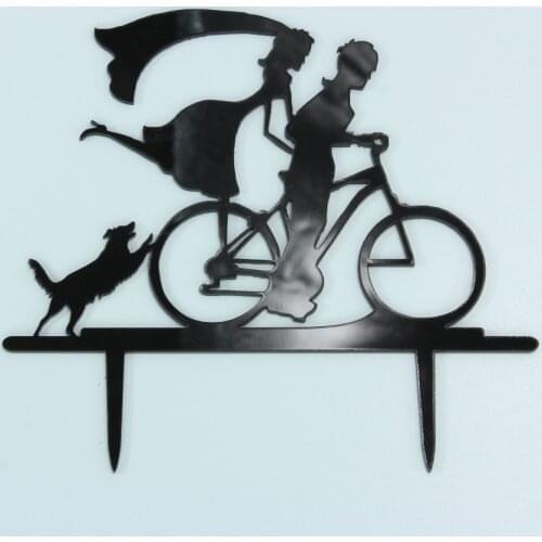 Younger Lover Biking with Dog Pattern Cake Topper for Engagement Wedding Decoration, Acrylic Cake Toppers Party Keepsake