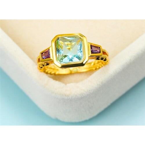 Vintage Female Aqua Blue Crystal Ring Dainty Zircon Stone Gold Wedding Rings For Women Charm Bridal Square Engagement Ring