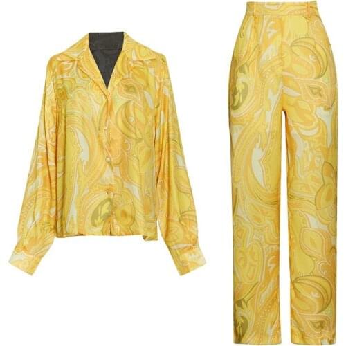 Temperament autumn suit 2021 new yellow printing single-breasted lapel shirt + high waist straight long