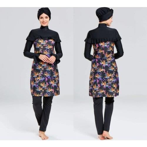 Women Large Size Printed Floral Full Cover Muslim Swimwear Women Islamic Conservative Swimsuit Hijab Beachwear Bathing Sui
