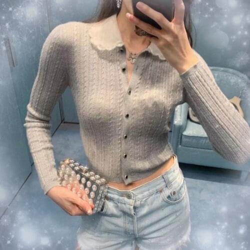 Ladies Autumn Cardigan Knitwear Pure Color Knitted Twist Cardigan Casual Top Organza Collar Long Sleeve Short Sweater 2021 New