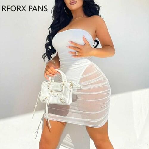 Women Solid Strapless Fold Perspective Mesh Bodycon Sexy Party White Dress