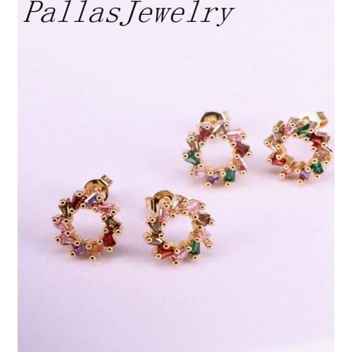 10Pairs Wholesale Rainbow cz Zircon micro pave circle Shape Gold color Stud Earrings women Jewelry