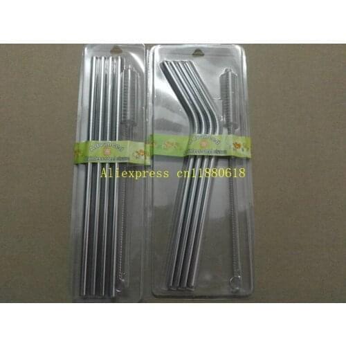 100sets/lot 5 in 1 kit 6mm Stianless steel Drinking Straw + Cleaning Brush Retail package For 20OZ Cup Bar Xmas Party