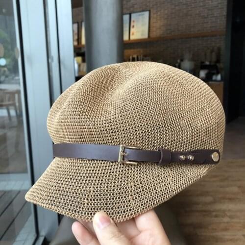 2021 Octagonal Cap Straw Women Summer Thin Newsboy Cap Painter Adjustable Rope Knitted Beret Mesh Breathable Beach straw hat