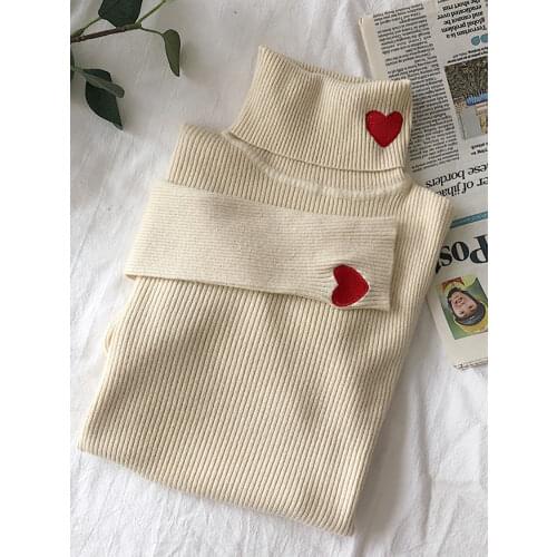 2020 Knitted Women Sweater Ribbed Pullovers Heart Embroidery Turtleneck Autumn Winter Basic Women Sweaters Fit Soft Warm Tops