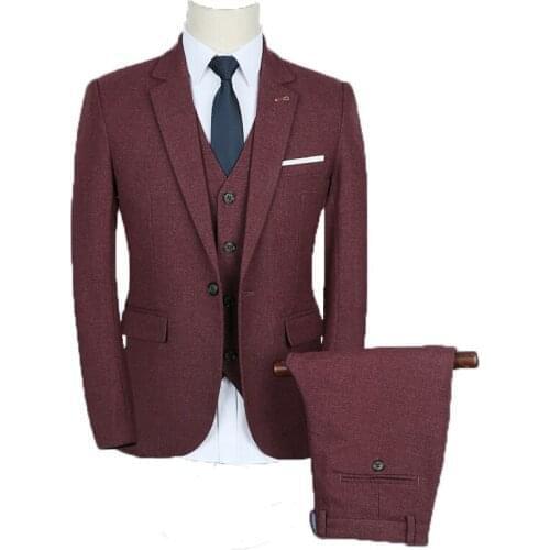 3pc Costume Homme Fashion Vintage Slim Fit Men Suit Plus Size Maroon Business Formal Wear Hot Groom Wedding Dress Suit Men