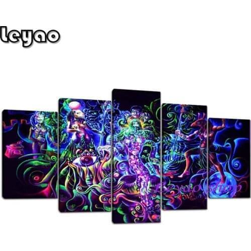 5 Pieces Abstract Black Light Painting Art Psychedelic Diamond Painting Diy Full Square Round Multi-Picture Diamond Embroidery
