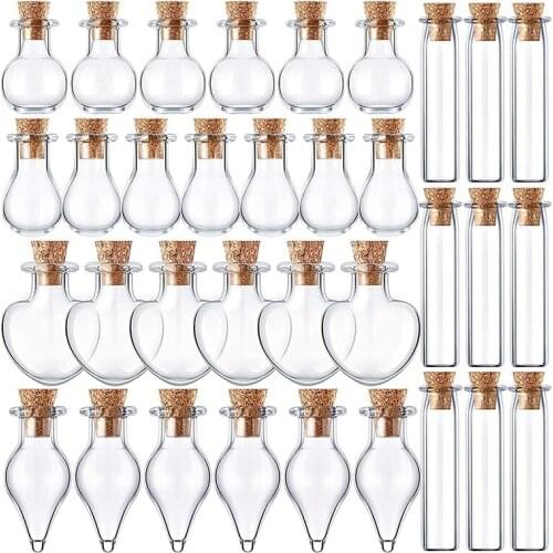 50 Pieces Small Mini Glass Jars Bottles with Cork Stoppers 5 Shapes Tiny Wishing Drifting Bottle Crafts DIY Projects