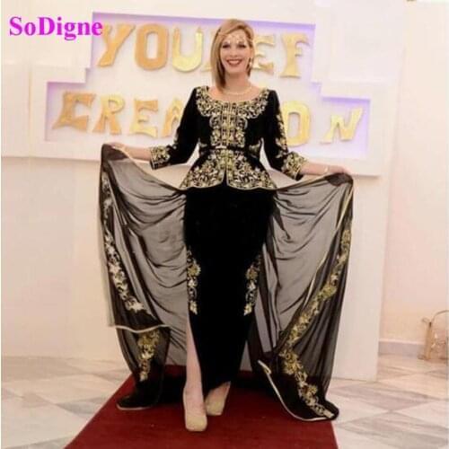 SoDigne Algerian outfits Karakou Formal Dress A-line Long Sleeve Evening Gowns Velour Vintage Party Dress with Embroidery