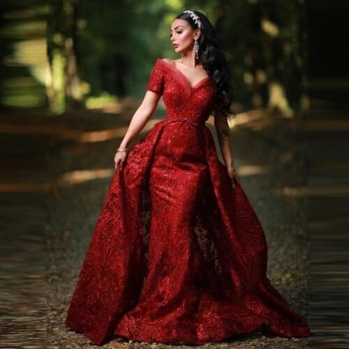 Glitter Burgundy Mermaid Arabia Evening Dresses Short Cap Sleeve Long Muslim Prom Dress With Overskirt Women Moroccan Kaftan