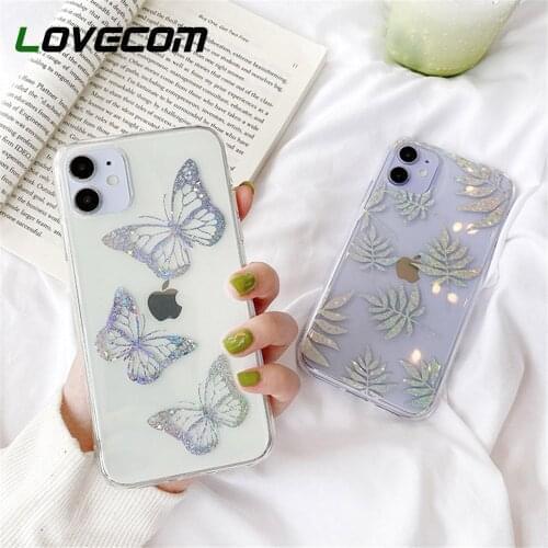 For iPnone 12 Case Butterfly Glitter Leaves Phone Case For iPhone 11 Pro 12 Pro Max XR XS Max 7 8 Plus Soft IMD Clear Back Cover