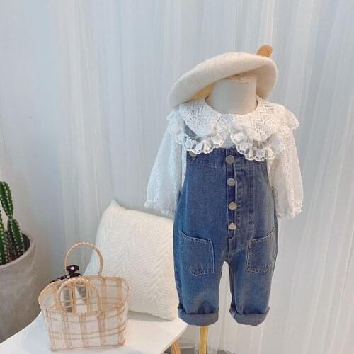 Baby Girls 2Pcs Clothes Set Spring Autumn Long Sleeve Lace Blouse Tops Denim Overalls Suits Kids Sweet Jeans Outfits Sets