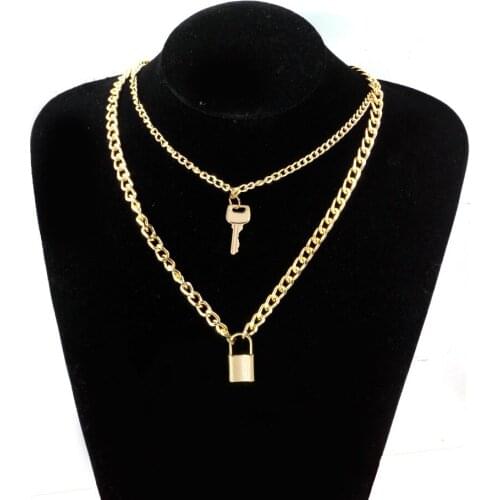 Double Layers Key Lock Necklace Silver Color Link Chain Padlock Pendant Necklace Hiphop Women Men Gothic Wedding Party Jewelry