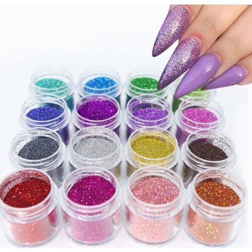 16Boxes Holographic Gold Silver Nail Glitter Powder Laser Sparkly Colorful Chrome Pigment Dust For Manicure Nail Art Decorations