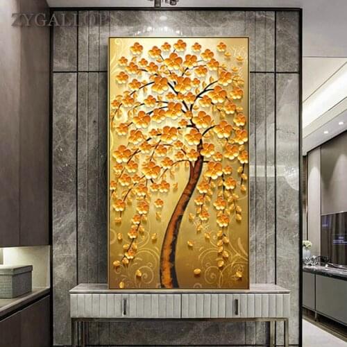 Tree of Golden Flowers Canvas Art Painting Abstract Tree Wall Art Poster and Prints Cuadro Aisle Living Room Decorative Pictures