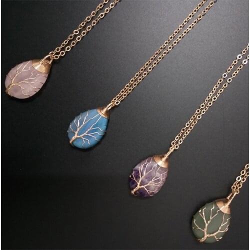 Teardrop Natural Gemstones Healing Crystal Chic Necklace Wire Wrapped Copper Tree of Life Waterdrop Chakra Pendant for Mothers