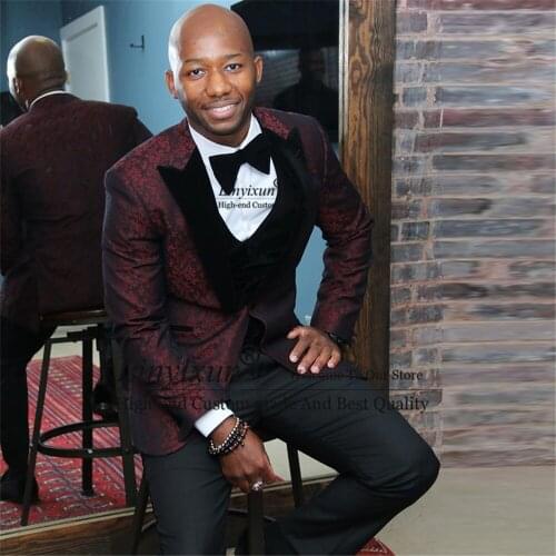 Handsome Burgundy Men Suit Print Slim Fit Wedding Groom Tuxedos One Button Peak Lapel Costume Homme 3 Pieces (Jacket+Pants+Vest)