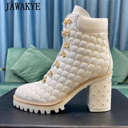 Plaid Leather Gold Rivets Martin Boots Women Platform Chunky Heel Real Leather Pumps Lace Up Studded Metal Decor Winter Shoes