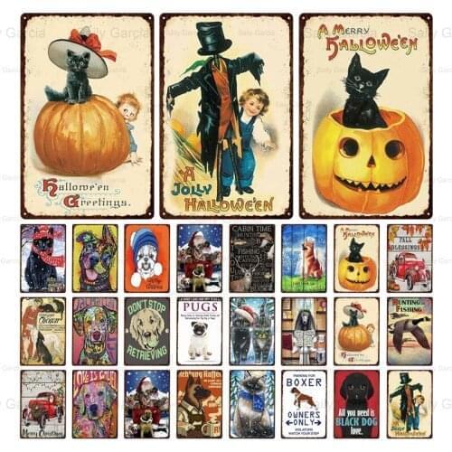 Halloween Holiday Dogs Cats Metal Tin Sign Santa Claus Thanksgiving Animal Metal Plate Pet Shop Pendant Plaque Iron Painting