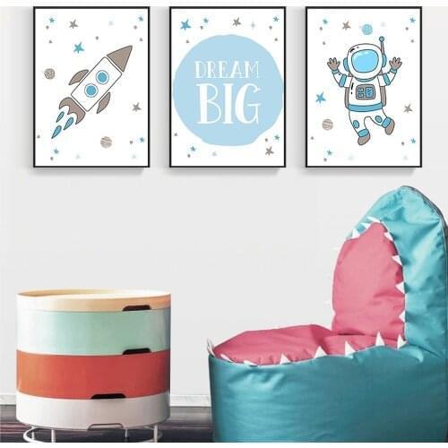 Cartoon Astronaut Rocket Canvas Painting Space DREAM BIG Poster Childrens Room Decoration Pictures Simple Living Room Aesthetic