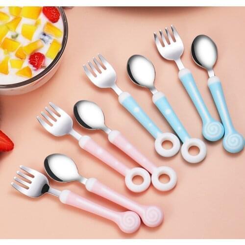 Cute Baby Fork Spoon Set Doughnut Lollipop Style Infant Feeding Tableware Baby Gadget Portable Non-slip Stainless Steel Utensils