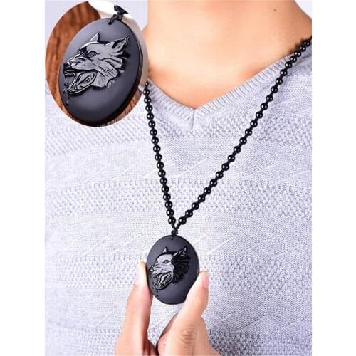 Natural obsidian wolf head necklace pendant hand carved wolf head black gemstone lucky amulet men jewelry jewelry gift