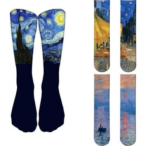 World Famous Oil Painting Socks For Unisex Starry Night Monet Mona Lisa Art Sock Retro Personality Comfortable Sokken For Female